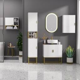 Wyld Haus Kacoel Tall Narrow Bathroom Storage Cabinet White Gold Tone Steel Base - thumbnail 5