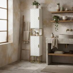 Wyld Haus Kacoel Tall Narrow Bathroom Storage Cabinet White Gold Tone Steel Base - thumbnail 1