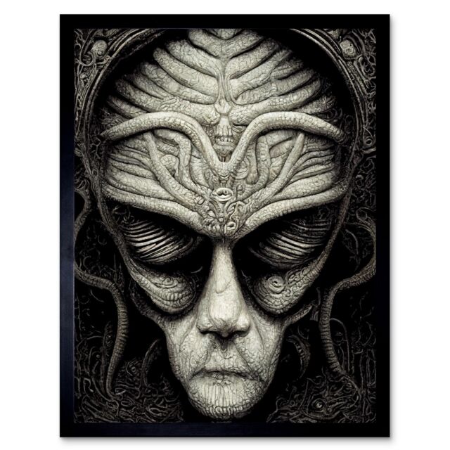 "Artery8 Wall Art Print Alien Grays Monochrome Gothic Horror Art Framed in Black - Size: W12"" x H16""" - image 1