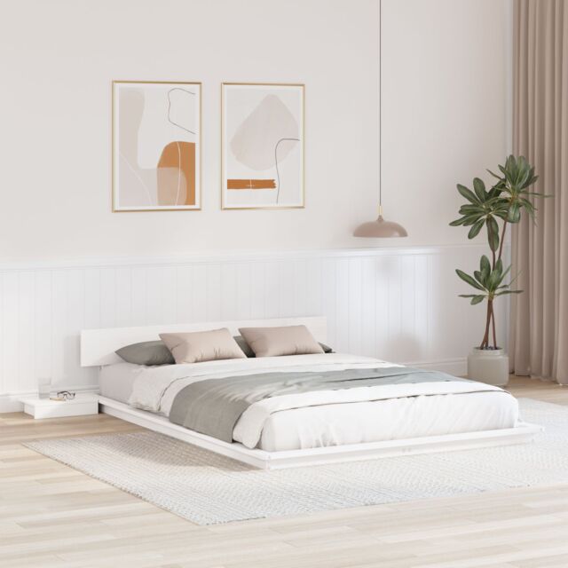 Berkfield Home Floor Bed Frame with Bedside Tables White 150x200cm Solid Wood - Size: 150x200 cm - image 1