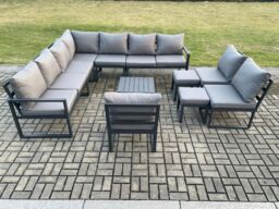 Fimous 12 Seater Outdoor Aluminium Garden Furniture Set Corner Lounge Sofa Set with Square Coffee Table 2 Small Footstools Dark Grey - thumbnail 2
