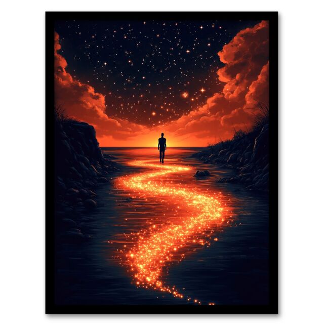 "Artery8 Follow The Stars Sunset Clouds Surreal Dreamscape Framed Art Print in Orange - Size: W12"" x H16""" - image 1