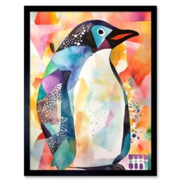 "Artery8 Wall Art Print Polygon Colour Penguin Folk Art Framed in Black - Size: W12"" x H16""" - thumbnail 1