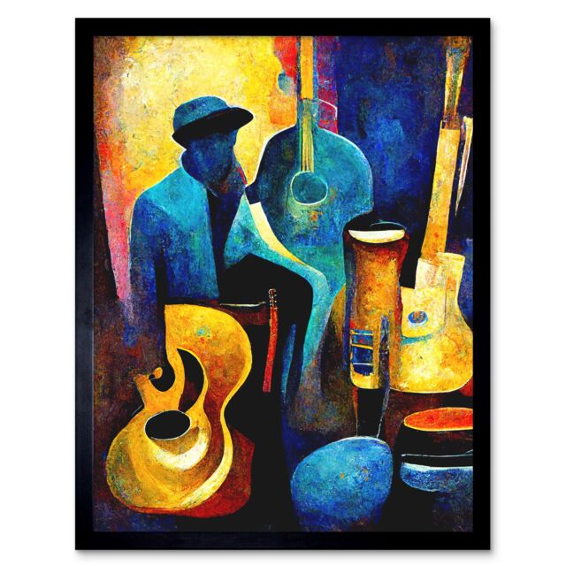 "Artery8 Wall Art Print Abstract Oil Painting Jazz Blues Musician With Instruments Art Framed in Black - Size: W12"" x H16""" - image 1