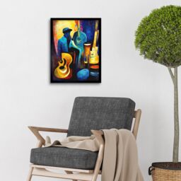 "Artery8 Wall Art Print Abstract Oil Painting Jazz Blues Musician With Instruments Art Framed in Black - Size: W12"" x H16""" - thumbnail 2