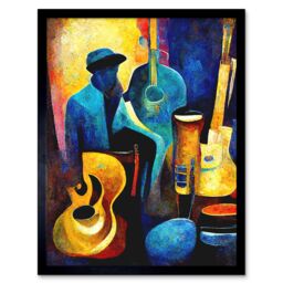 "Artery8 Wall Art Print Abstract Oil Painting Jazz Blues Musician With Instruments Art Framed in Black - Size: W12"" x H16""" - thumbnail 1