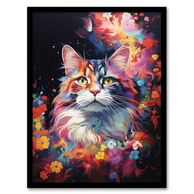"Artery8 Wall Art Print Norwegian Forest Cat Lover Gift Pet Portrait Colourful Artwork Painting Art Framed - Size: W12"" x H16""" - image 1