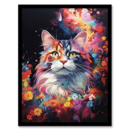 "Artery8 Wall Art Print Norwegian Forest Cat Lover Gift Pet Portrait Colourful Artwork Painting Art Framed - Size: W12"" x H16""" - thumbnail 1