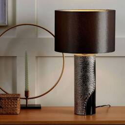 Wyld and Coco Table Lamp - Silver Porcelain Pillar Base Faux Silk Drum Shade in Black - thumbnail 1