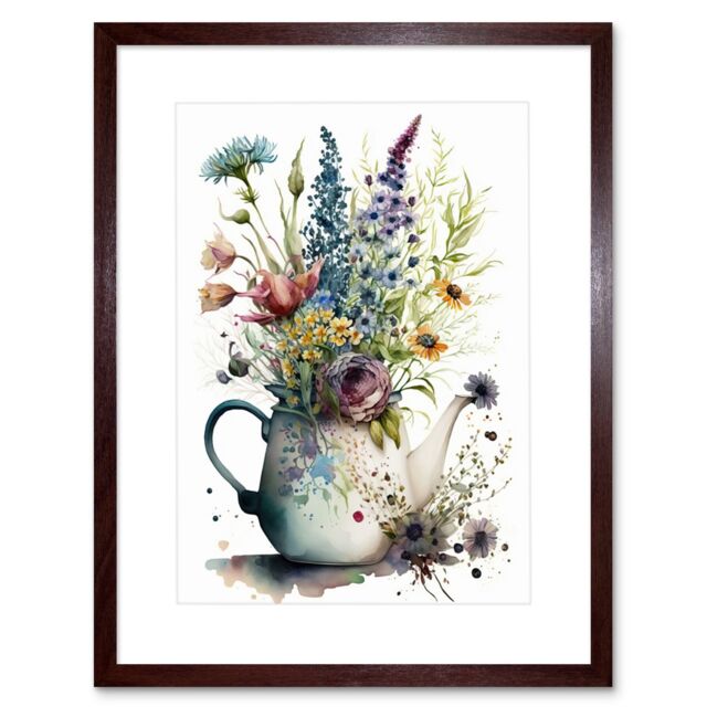 "Artery8 Wall Art Print Spring Wildflower Floral Bouquet in a Teapot Vase Artwork Framed 9X7 Inch in Brown - Size: W7"" x H9""" - image 1