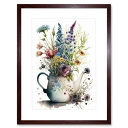 "Artery8 Wall Art Print Spring Wildflower Floral Bouquet in a Teapot Vase Artwork Framed 9X7 Inch in Brown - Size: W7"" x H9""" - thumbnail 1