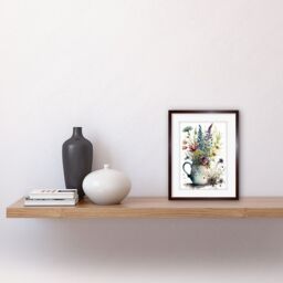 "Artery8 Wall Art Print Spring Wildflower Floral Bouquet in a Teapot Vase Artwork Framed 9X7 Inch in Brown - Size: W7"" x H9""" - thumbnail 2