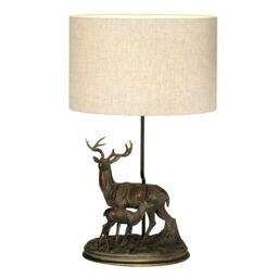Loops Table Lamp Stag & Fawn Statuette Natural Hessian Shade Bronze Patina LED E27 40w - thumbnail 1