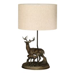 Loops Table Lamp Stag & Fawn Statuette Natural Hessian Shade Bronze Patina LED E27 40w - thumbnail 2