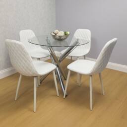 KOSY KOALA Modern Round Clear Glass Dining Table With 4 White Gem Pattern
