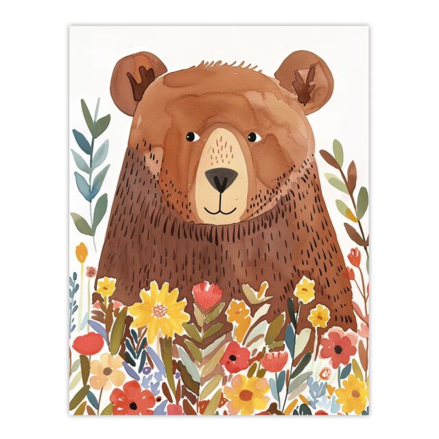 "Artery8 Happy Brown Bear in Wildflower Patch Watercolour Wall Art Print - Size: W18"" x H24""" - image 1