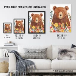 "Artery8 Happy Brown Bear in Wildflower Patch Watercolour Wall Art Print - Size: W18"" x H24""" - thumbnail 3