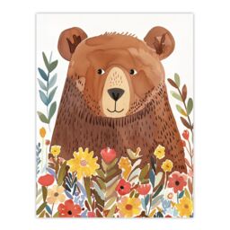 "Artery8 Happy Brown Bear in Wildflower Patch Watercolour Wall Art Print - Size: W18"" x H24""" - thumbnail 1