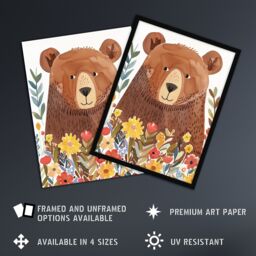 "Artery8 Happy Brown Bear in Wildflower Patch Watercolour Wall Art Print - Size: W18"" x H24""" - thumbnail 2