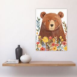 "Artery8 Happy Brown Bear in Wildflower Patch Watercolour Wall Art Print - Size: W18"" x H24""" - thumbnail 4
