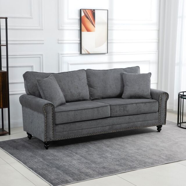HOMCOM 3 Seater Sofas Fabric Sofa with Nailhead Trim Cushions & Throw Pillows in Grey - image 1