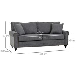 HOMCOM 3 Seater Sofas Fabric Sofa with Nailhead Trim Cushions & Throw Pillows in Grey - thumbnail 3