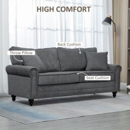 HOMCOM 3 Seater Sofas Fabric Sofa with Nailhead Trim Cushions & Throw Pillows in Grey - thumbnail 4