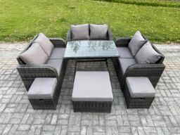 Fimous Outdoor Rattan Garden Furniture Set 9 Seater Patio Love Sofa Set with Rectangular Dining Table 3 Footstools Dark Grey Mixed - thumbnail 1