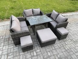 Fimous Outdoor Rattan Garden Furniture Set 9 Seater Patio Love Sofa Set with Rectangular Dining Table 3 Footstools Dark Grey Mixed - thumbnail 2