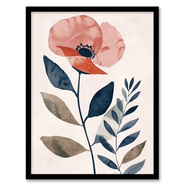 "Artery8 Singe Boho Poppy Flower Floral Watercolour Framed Wall Art in Pink - Size: W12"" x H16""" - image 1