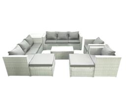 Fimous Outdoor Rattan Sofa Garden Furniture Set with 2 Armchairs Oblong Coffee Table 2 Big Footstools Side Table Light Grey Mixed - thumbnail 1