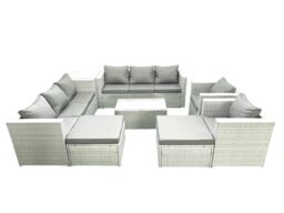 Fimous Outdoor Rattan Sofa Garden Furniture Set with 2 Armchairs Oblong Coffee Table 2 Big Footstools Side Table Light Grey Mixed - thumbnail 2