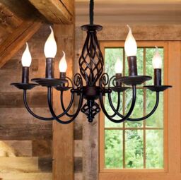 Garwarm Rustic Pendant Chandelier, French Country Vintage 6 Lights Chandeliers Farmhouse Pendant Light Fixture Height Adjustable Candle Wrought Iron
