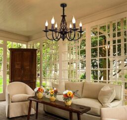 Garwarm Rustic Pendant Chandelier, French Country Vintage 6 Lights Chandeliers Farmhouse Pendant Light Fixture Height Adjustable Candle Wrought Iron - thumbnail 5