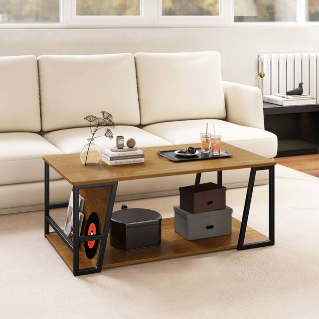 Costway Rectangle Coffee Table 2-tier Cocktail Center Accent Table w/ Shelf in Natural - image 1
