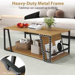 Costway Rectangle Coffee Table 2-tier Cocktail Center Accent Table w/ Shelf in Natural - thumbnail 5