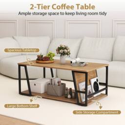 Costway Rectangle Coffee Table 2-tier Cocktail Center Accent Table w/ Shelf in Natural - thumbnail 4