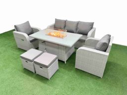Fimous PE Rattan Garden Furniture Set Reclining Chair Sofa Lounge Sofa Set Firepit Dining Table 2 Small Stools Light Grey - thumbnail 2