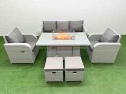 Fimous PE Rattan Garden Furniture Set Reclining Chair Sofa Lounge Sofa Set Firepit Dining Table 2 Small Stools Light Grey - thumbnail 1