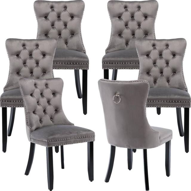 HomeTouch Romsey Set of 6 Velvet Upholstered Dining Chairs with Oak Legs & Knocker Ring Back in Grey - Size: 6 Pack - image 1
