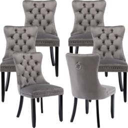 HomeTouch Romsey Set of 6 Velvet Upholstered Dining Chairs with Oak Legs & Knocker Ring Back in Grey - Size: 6 Pack