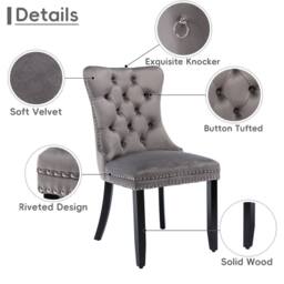 HomeTouch Romsey Set of 6 Velvet Upholstered Dining Chairs with Oak Legs & Knocker Ring Back in Grey - Size: 6 Pack - thumbnail 6