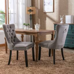 HomeTouch Romsey Set of 6 Velvet Upholstered Dining Chairs with Oak Legs & Knocker Ring Back in Grey - Size: 6 Pack - thumbnail 4