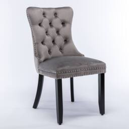 HomeTouch Romsey Set of 6 Velvet Upholstered Dining Chairs with Oak Legs & Knocker Ring Back in Grey - Size: 6 Pack - thumbnail 9