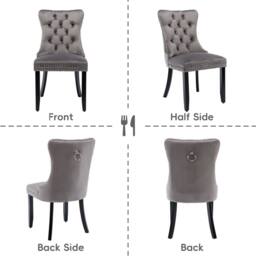 HomeTouch Romsey Set of 6 Velvet Upholstered Dining Chairs with Oak Legs & Knocker Ring Back in Grey - Size: 6 Pack - thumbnail 7