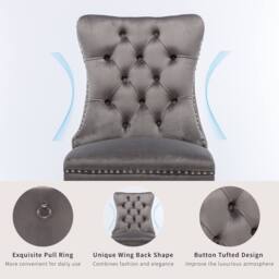 HomeTouch Romsey Set of 6 Velvet Upholstered Dining Chairs with Oak Legs & Knocker Ring Back in Grey - Size: 6 Pack - thumbnail 8