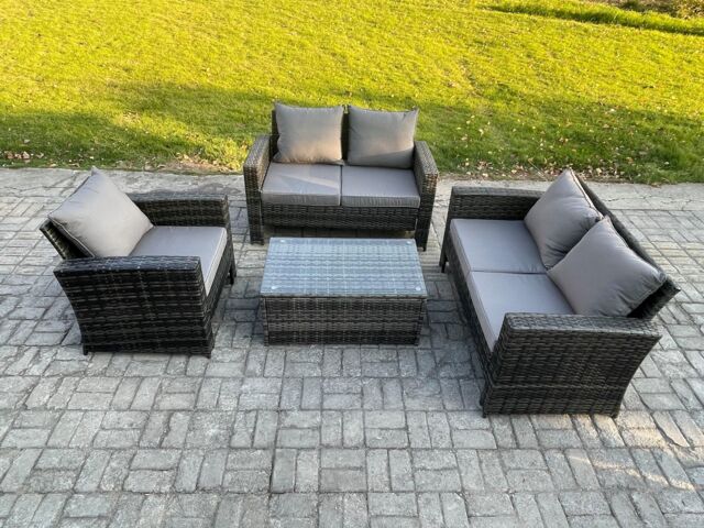 Fimous Wicker Rattan Garden Furniture Sofa Set with Rectangular Coffee Table Double Seat Sofa Chair 5 Seater Outdoor Rattan Set in Dark Grey