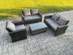 Fimous Wicker Rattan Garden Furniture Sofa Set with Rectangular Coffee Table Double Seat Sofa Chair 5 Seater Outdoor Rattan Set in Dark Grey - thumbnail 2