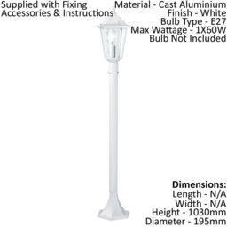 Loops 2 PACK IP44 Outdoor Bollard Light White Aluminium Lantern 60W E27 Lamp Post - thumbnail 2