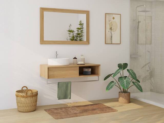 Vente-unique Suspended Teak Bathroom Vanity Unit With Towel Rail & Round Ceramic in Light Oak